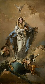 Bonjour. Buona giornata.
#immacolataconcezione . #8dicembre . 
#art , #painting 🎨 :  Immacolata Concezione : circondata da angeli, mentre calpesta un serpente : rappresenta la sua vittoria sul diavolo ... (1768) 
#artist : G. Tiepolo.