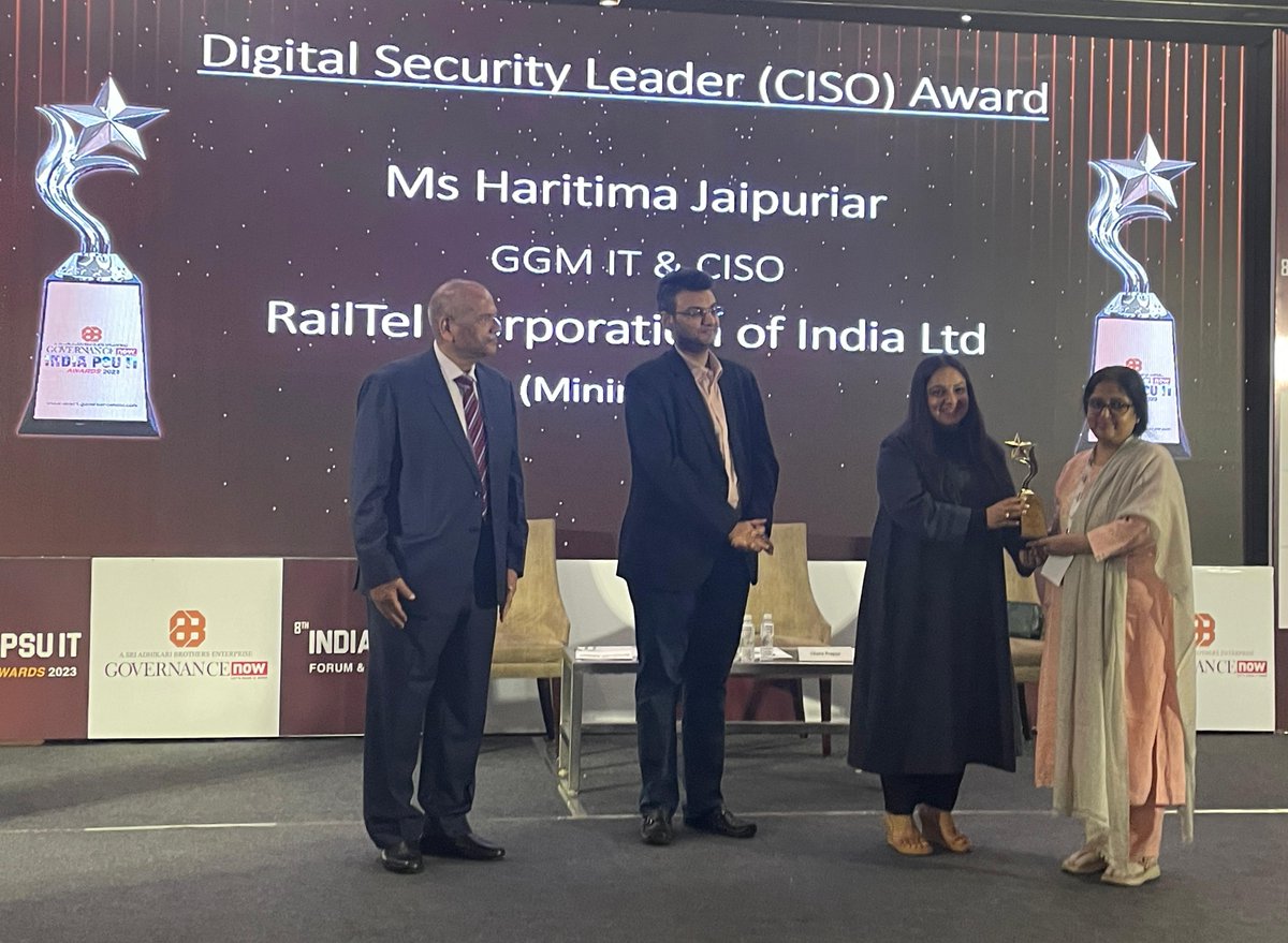 RailTel's tweet photo. RailTel received the prestigious @governancenow  PSU IT Awards 2023 in the "Cyber Security Champion' and  "Cybersecurity and Data Protection &amp; Data Center Excellence" categories. Ms. Haritima Jaipuriar, GGM/IT &amp; CISO, was honored with the 'Digital Security Leader (CISO) Award. https://t.co/tSU64AEP7N