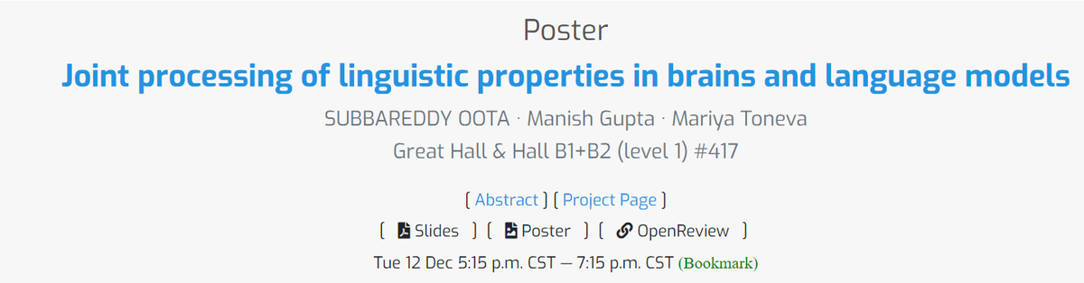 @mtoneva1 and I will be at #NeurIPS2023 from Dec 9-16 @NewOrleans! Excited to present our work: joint processing of linguistic properties in brains and language models Visit our poster, #417, at Great Hall & Hall B1+B2 (Level1) on Tuesday, Dec 12th, from 5:15 PM to 7:15 PM CST