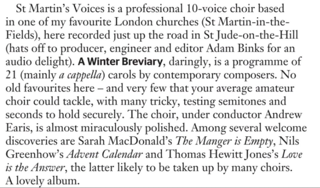 Bravi <a href="/AndrewEaris/">Andrew Earis</a> St Martin's Voices <a href="/stmartins_music/">Music at St Martin-in-the-Fields</a> and <a href="/resonusclassics/">Resonus Classics</a> for an absolutely superb album and programme all round as mentioned in this lovely <a href="/GramophoneMag/">Gramophone</a> review. The album as a whole deserves every accolade it is getting - its fab.