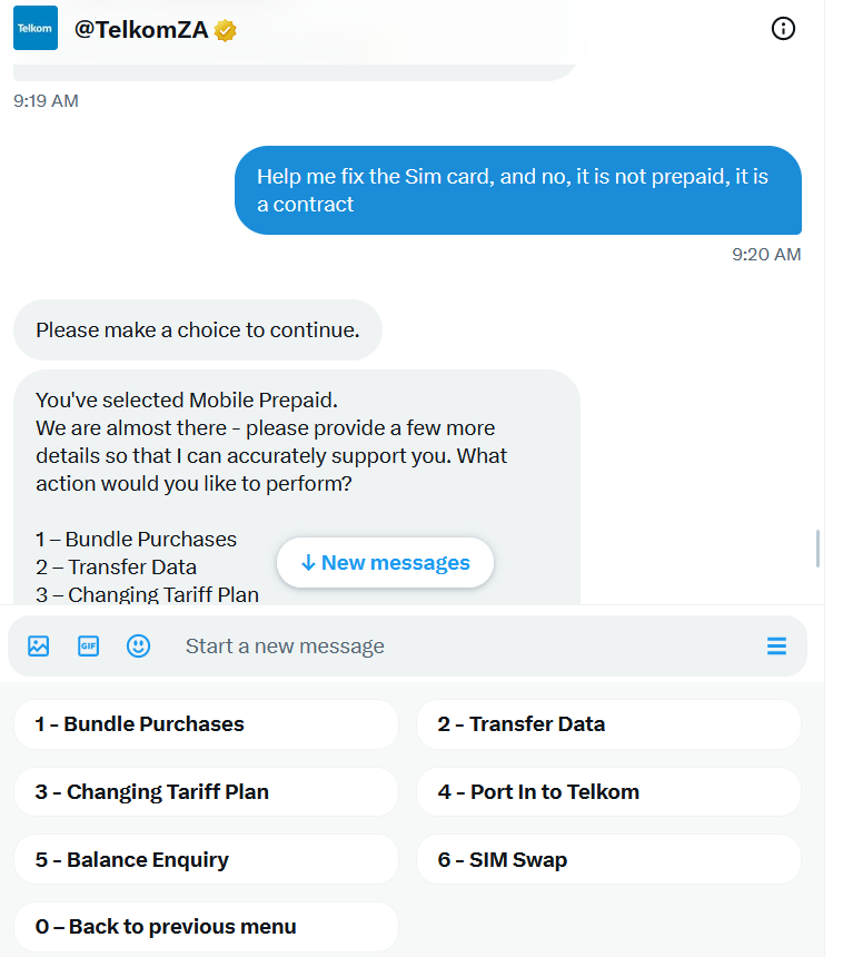 Ke_Moeketsi's tweet photo. @TelkomZA How exactly do you expect me to get help if all you ever do in the DM's is send me multiple questions when none of the options relate to my problem? https://t.co/S237sLEyKG