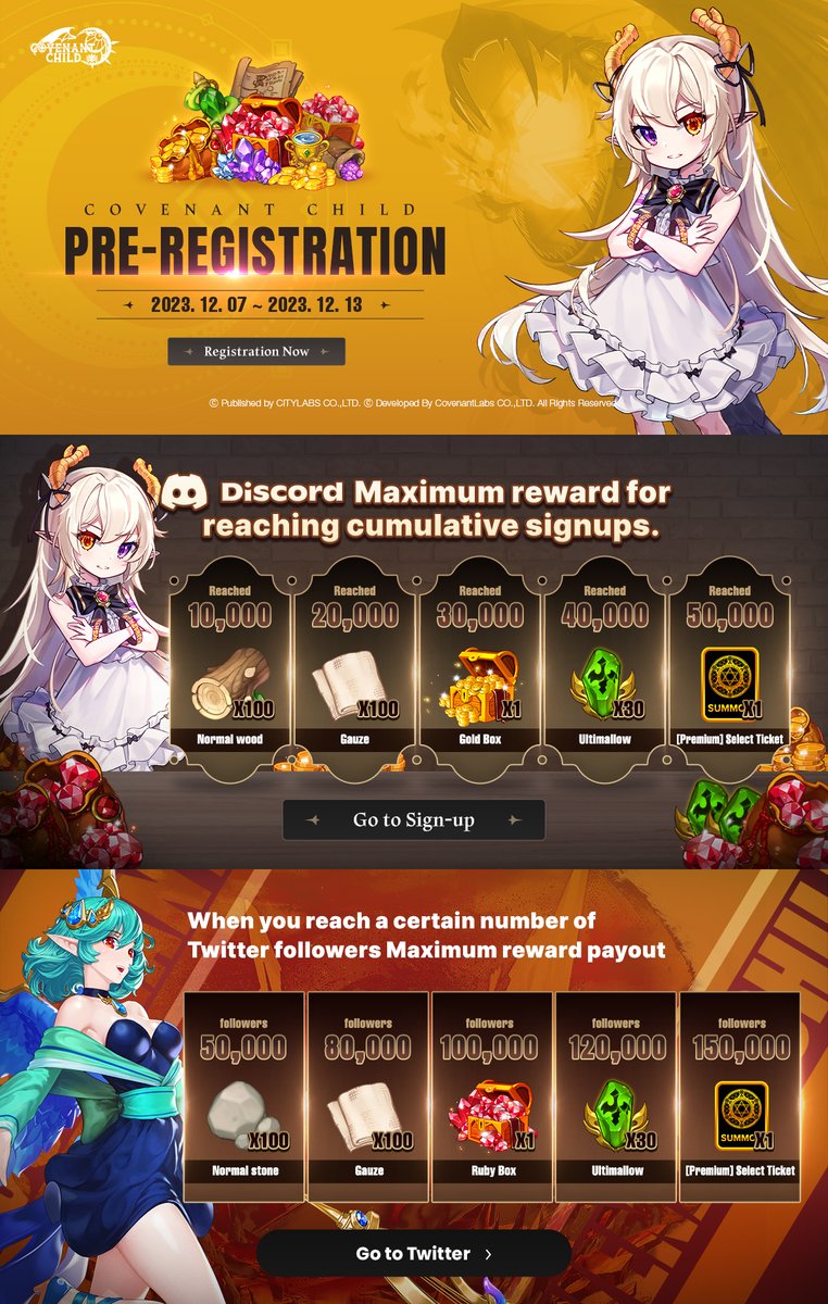 📢 Announcement and Events for Pre-registration

🌐Ready to join? Click here : covenantchild.game

✅ When more than 50,000 people pre-register, you will receive an ‘A’ grade hero!

[Announcement] Pre-registration is currently in progress!
⏰From Thursday, 7 December to