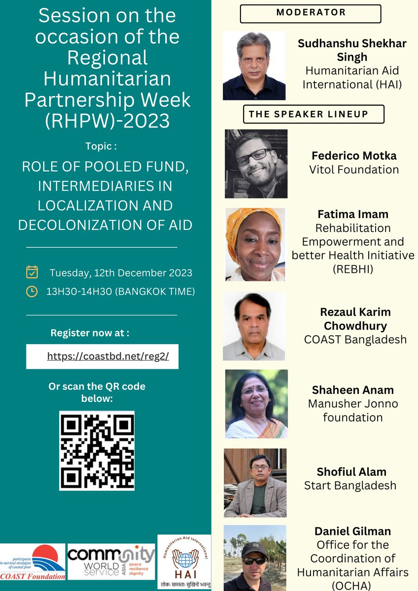 Be a part of the Regional Humanitarian Partnership Week 2023! Join the discussions on Pooled Funds, Intermediaries in Localisation, and the Decolonization of Aid. Secure your spot and register today via the link or QR code! #RHPW2023 #Localisation #Pooledfund