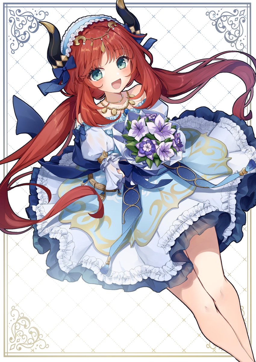 nilou (genshin impact) 1girl solo bouquet horns smile flower red hair  illustration images
