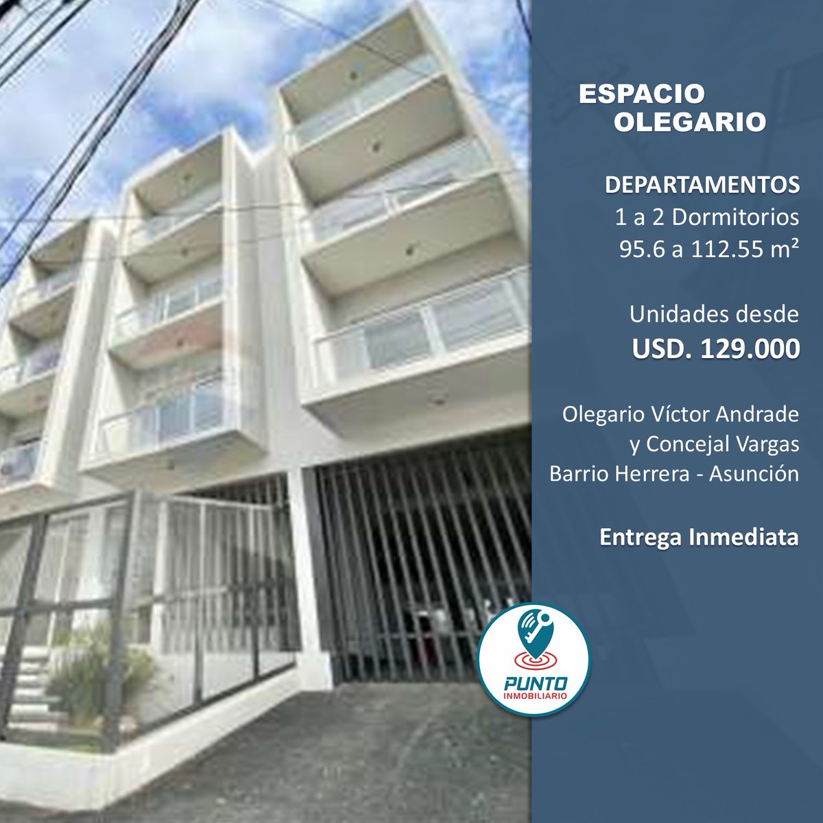 #espacioolegario entrega Inmediata
Departamentos de 1 a 2 dormitorios de 95.6 a 112.55 m²
Unidades desde USD. 129.000
Olegario Víctor Andrade y Concejal Vargas
Barrio Herrera - Asunción 
Consultas al +595 983 602043

#puntoinmobiliario  #inversionista #asuncion #barrioherrera