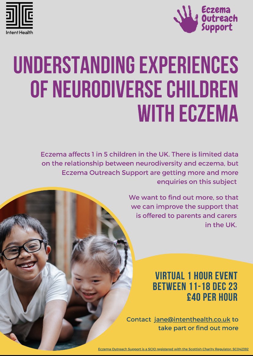 The Neurodiversity Charity ADHD Foundation (@adhdfoundation) on Twitter photo Eczema affects 1 in 5 pupils & is particularly prevalence in children with ADHD & Autism. This research is investigating the link between Neurodiversity & eczema. £40 is offered to anyone who would take part in webinars from 11th Dec-18th. Contact jane@intenthealth.co.uk Eczema affects 1 in 5 pupils & is particularly prevalence in children with ADHD & Autism. This research is investigating the link between Neurodiversity & eczema. £40 is offered to anyone who would take part in webinars from 11th Dec-18th. Contact jane@intenthealth.co.uk