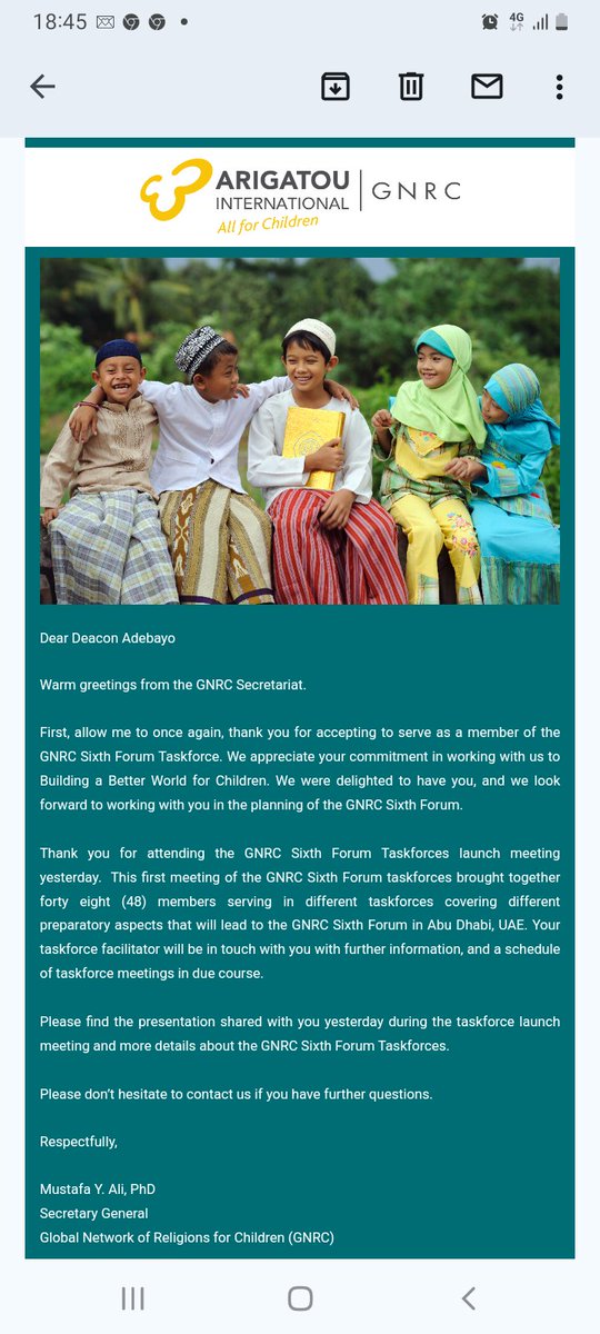 I am deeply humbled and grateful for the invitation to become a member of the Sixth Forum Taskforce of the Global Network of Religions for Children (GNRC) which will convene later in the coming year in Abu Dhabi, United Arab Emirates. <a href="/ArigatouGNRC/">Global Network of Religions for Children</a>