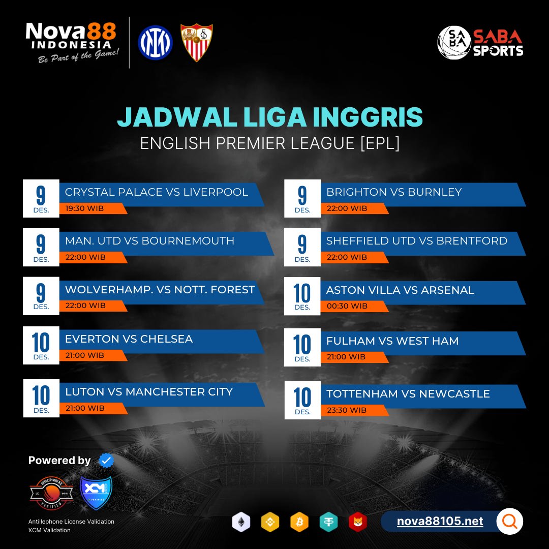 Nova88Sports's tweet photo. 📌Jadwal Sepak Bola Liga Inggris
📌9 - 10 Desember 2023

Nova88::
🔗https://t.co/C3IubPjMJY

LiveScore::
🔗https://t.co/O7wB4KK8Eu

#Nova88 #nova88indo #nova88indonesia #nova88official #nova88sports #livescore #hasilpertandingan #nobar #ligainggris #EPL https://t.co/8fd4LDRupj