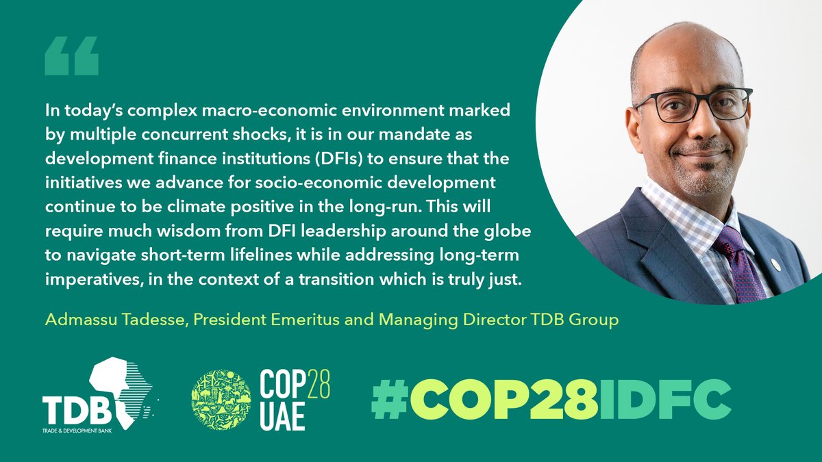 International Development Finance Club (@idfc_network) on Twitter photo <a href="/BCG/">Boston Consulting Group</a> <a href="/KfW_int/">KfW</a> <a href="/KfW_FZ_int/">KfW Development Bank</a> 🎙️QUOTE <a href="/AdmassuTadesse/">Admassu Tadesse</a> from Trade Development Bank
#COP28 #COP28IDFC <a href="/BCG/">Boston Consulting Group</a> <a href="/KfW_int/">KfW</a> <a href="/KfW_FZ_int/">KfW Development Bank</a> 🎙️QUOTE <a href="/AdmassuTadesse/">Admassu Tadesse</a> from Trade Development Bank
#COP28 #COP28IDFC