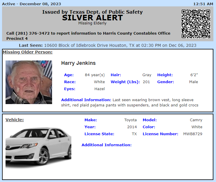 TX_Alerts's tweet photo. ACTIVE SILVER ALERT for Henry Jenkins from Houston, TX, on 12/08/2023,TX plate MWB8729. https://t.co/q1AiDa2GbB