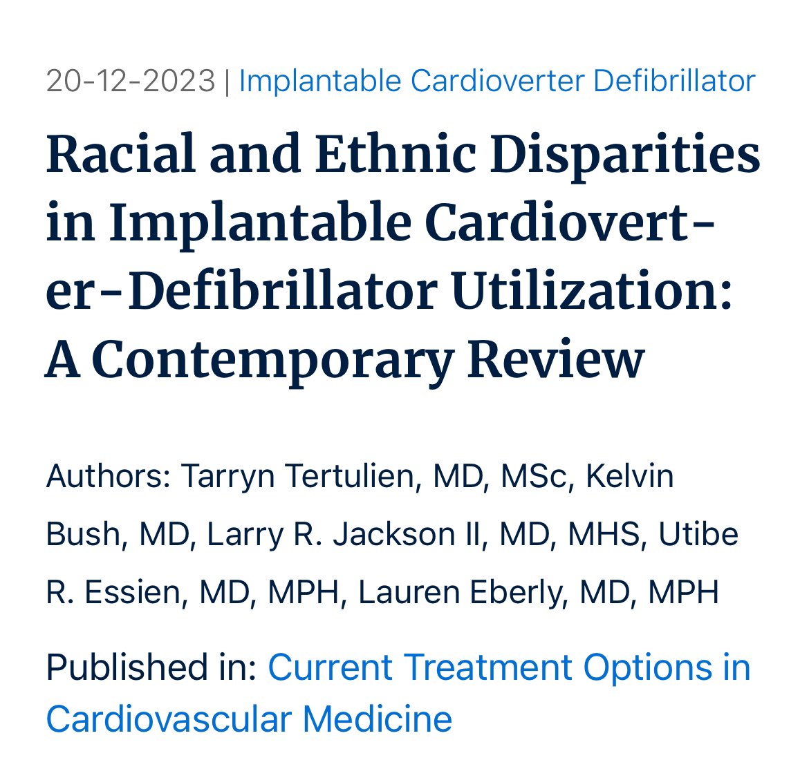 Closing out 2023 with ✌🏾 new #Pharmacoequity #HealthEquity collabs. 

📝 Eliminating Disparities in AFib, Heart Failure, &amp; Dyslipidemia: A Path Toward Achieving Pharmacoequity: tinyurl.com/wtu6nfcb

📝 Racial and Ethnic Disparities in ICD Utilization: tinyurl.com/2mud6ry3