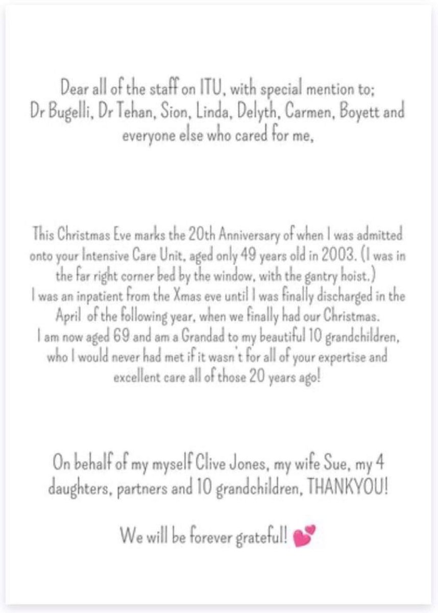 Emotional reunion today for Clive Jones as he met the ICU staff that cared for him 20yrs ago. Clive was admitted to ICU Xmas Eve ‘03 where he remained until Apr ‘04. Clive was accompanied by his daughter Katie, ANP YGC. Clive has since experienced the joy of 10 grandchildren ❤️