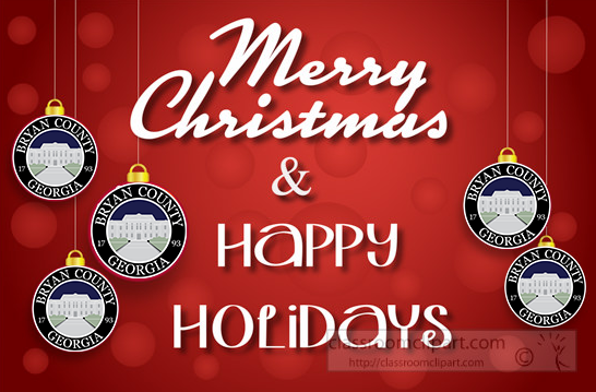 Bryan County Offices will be closed for the Christmas Holiday on December 25 and 26, 2023. Public Safety will remain on duty to serve the public. Merry Christmas and Happy Holidays!