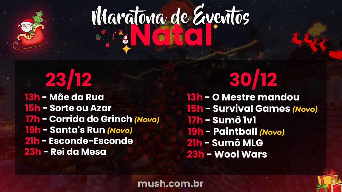 🎄 CRONOGRAMA DE NATAL🎅

Em clima natalino e de ano novo, nos dias 23/12 e 30/12, teremos uma programação especial de eventos para vocês! 🥳