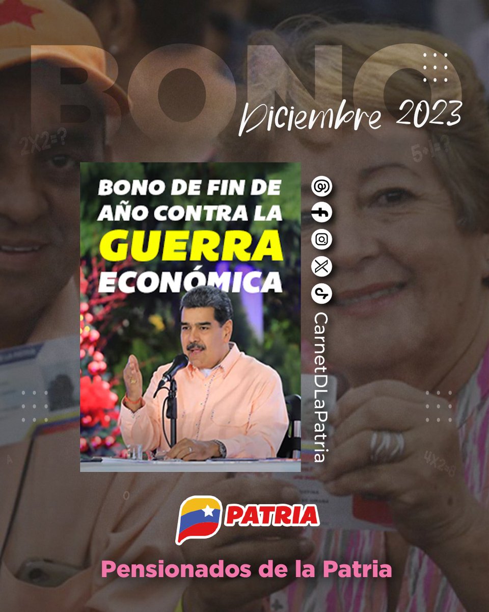 Inicia el pago del #BonoContraLaGuerraEconómica Diciembre 2023, aprobado por el presidente @NicolasMaduro, a través de la #PlataformaPatria. Este beneficio va dirigido a pensionad@s, como parte del esfuerzo para proteger el bienestar social del pueblo. #NavidadDelEsequibo #22Dic