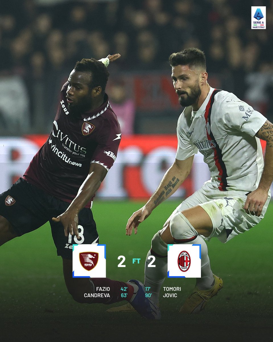 𝗙𝗧 @OfficialUSS1919 and @acmilan share a point each after a late Rossoneri goal in Salerno 🤝 #SalernitanaMilan