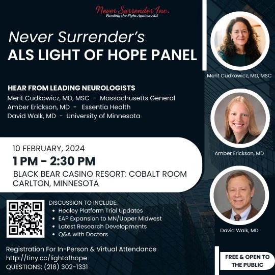 Please join me as we hear from and take your questions for 3 leading ALS neurologists on Feb 10th 2024 at 1-2:30pm CST. Register to join us and ask questions on the ALS front to any of the 3 doctors.