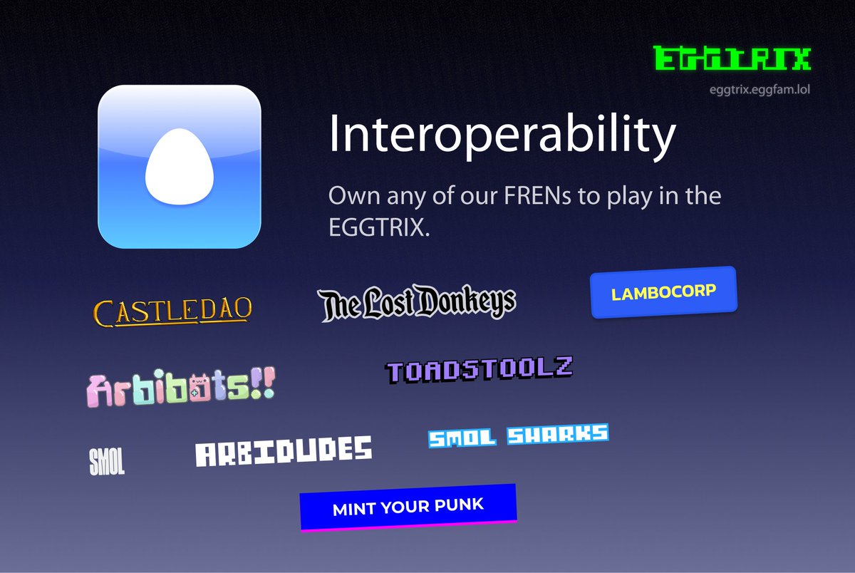 EGGFAM (@eggfamlol) on Twitter photo Interoperability ⬆️⬇️
If you own one of the following collections you are able to enter the EGGTRIX and enjoy the previous treats. ✨
Thank you to all of our FRENs
<a href="/TheLostDonkeys/">The Lost Donkeys 🥕</a> <a href="/castlesdao2/">CastleDAO - 🦇🔊Playable NFTs - OG in Arbi ⚔️🏰</a> <a href="/lamboc0rp/">LamboCorp © 🌎👑🏰🏝️💵</a> <a href="/toadstoolzNFT/">Toadstoolz NFT</a> <a href="/ArbiDudes/">ArbiDudes - An OG Arbitrum NFT project 🦇🔊</a> <a href="/smolsharks/">Smol Sharks | PvP Arbitrum NFT Game</a> <a href="/smolverse/">SMOL</a>
👇 Next: Summary Interoperability ⬆️⬇️
If you own one of the following collections you are able to enter the EGGTRIX and enjoy the previous treats. ✨
Thank you to all of our FRENs
<a href="/TheLostDonkeys/">The Lost Donkeys 🥕</a> <a href="/castlesdao2/">CastleDAO - 🦇🔊Playable NFTs - OG in Arbi ⚔️🏰</a> <a href="/lamboc0rp/">LamboCorp © 🌎👑🏰🏝️💵</a> <a href="/toadstoolzNFT/">Toadstoolz NFT</a> <a href="/ArbiDudes/">ArbiDudes - An OG Arbitrum NFT project 🦇🔊</a> <a href="/smolsharks/">Smol Sharks | PvP Arbitrum NFT Game</a> <a href="/smolverse/">SMOL</a>
👇 Next: Summary