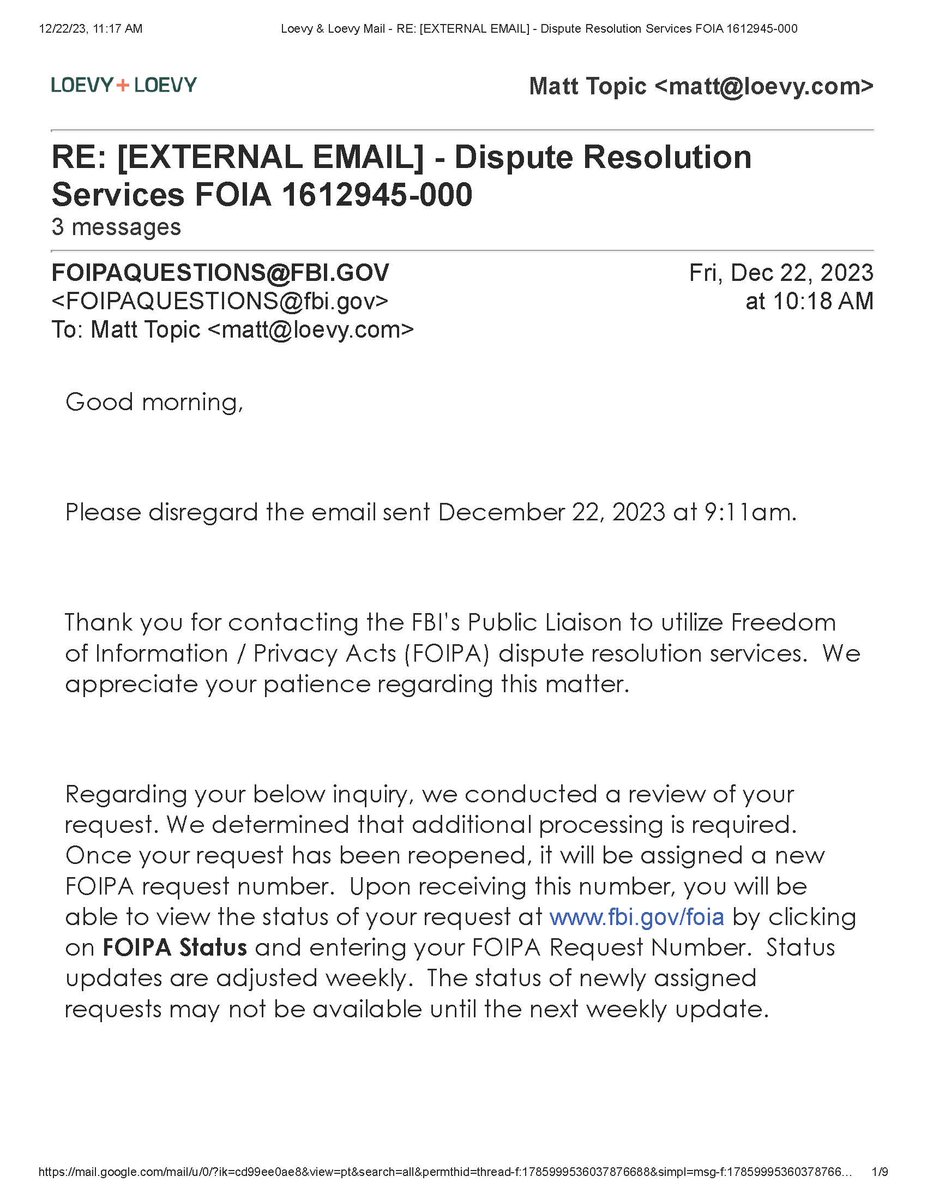 UPDATE: This morning, @FBI said it “complied with [its] standard procedures” in responding to my #SantaClaus #FOIA and is “unable to resolve [my] dispute.” #bahhumbug An hour later, we received a Xmas miracle! 'We determined that additional processing is required.' ETA TBD.