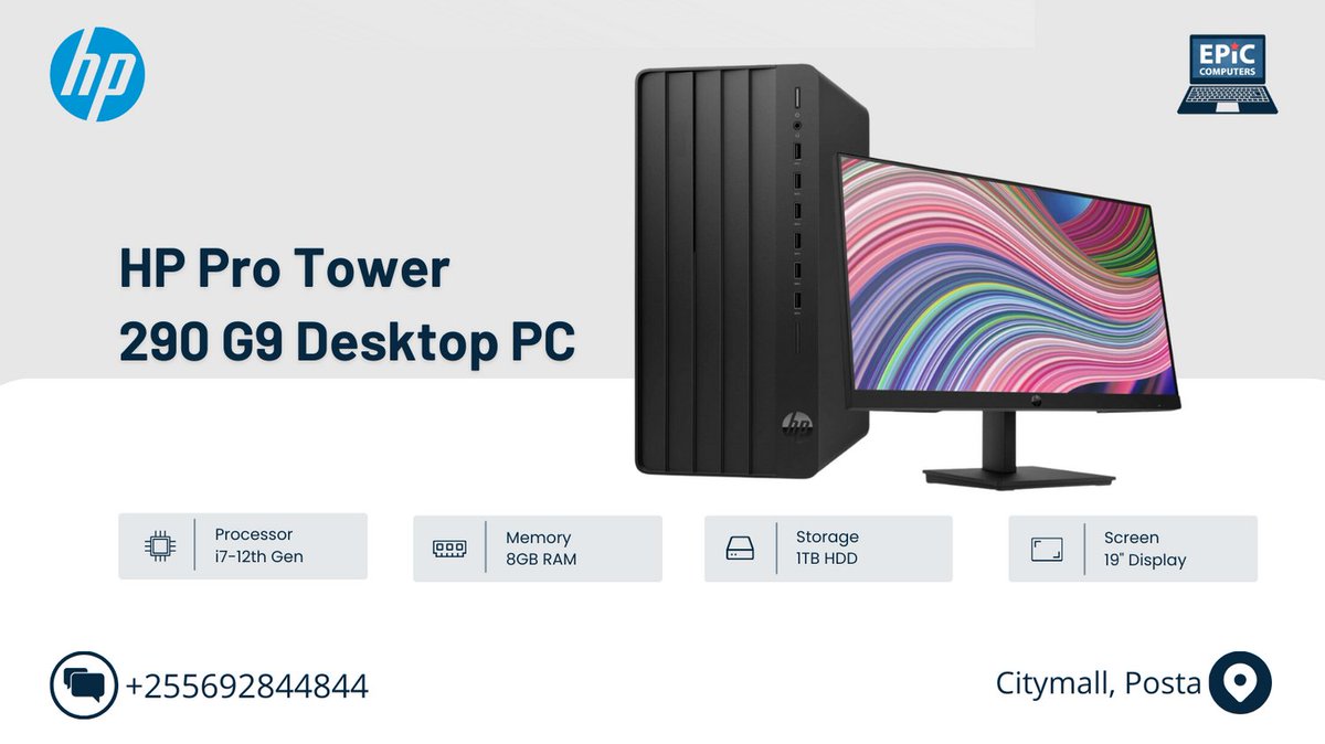 HP 290 G9 Brand new desktop i7-12thgen, 8gb ram na 1tb hdd storage, keyboard, mouse na 19' screen Inapatikana pamoja kwa 1,690,000 tshs tu, wahi offa sasa! Call us on 0692844844 au 0745200666.