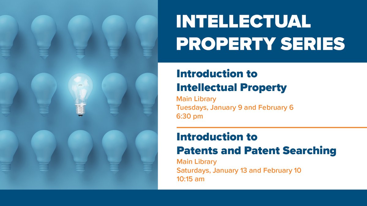 Come to Main Library for these events in our Intellectual Property Series! Intro. to Intellectual Property: Tuesdays, January 9 and February 6 6:30-7:40 pm Patents and Patent Searching: Saturdays, January 13 and February 10 10:15 am - noon More info: services.akronlibrary.org/events?r=days&…