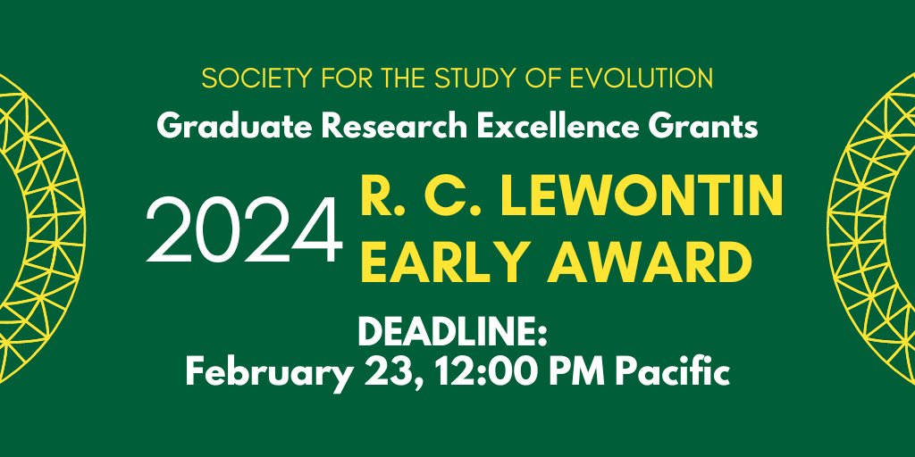 Applications now open for the 2024 R. C. Lewontin Early Awards, which provide up to $2500 in research funds for 1st year Master's students and 1st and 2nd year PhD students.

Deadline: February 23

evolutionsociety.org/content/societ…