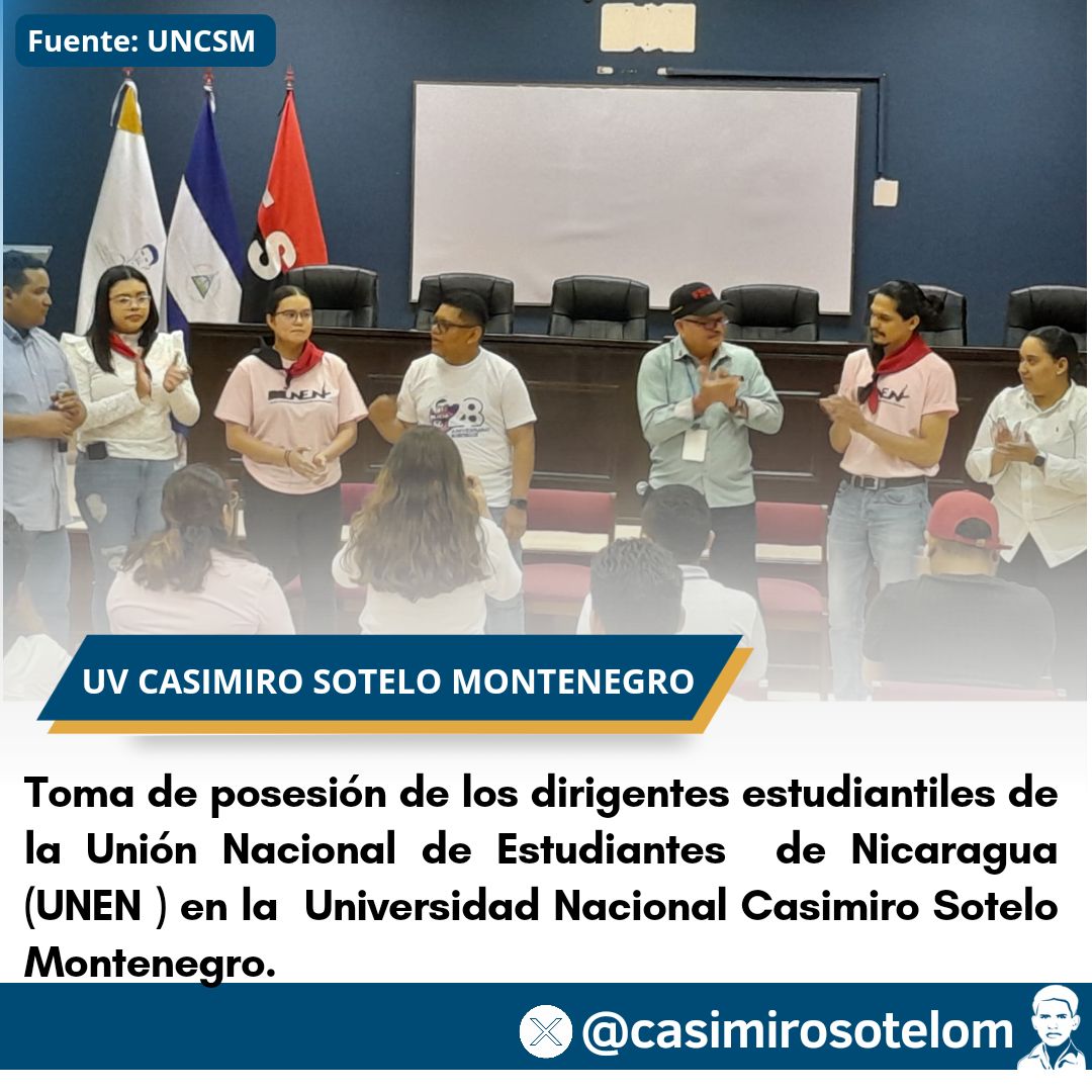 Toma de posesión de los dirigentes estudiantiles de la Unión Nacional de Estudiantes de #Nicaragua (UNEN) en la Universidad Nacional Casimiro Sotelo Montenegro
#SomosUNCSM
#UniversidadGratuita
#EnDefensaDelFSLN
#NicaraguaPazyBuenaVoluntad