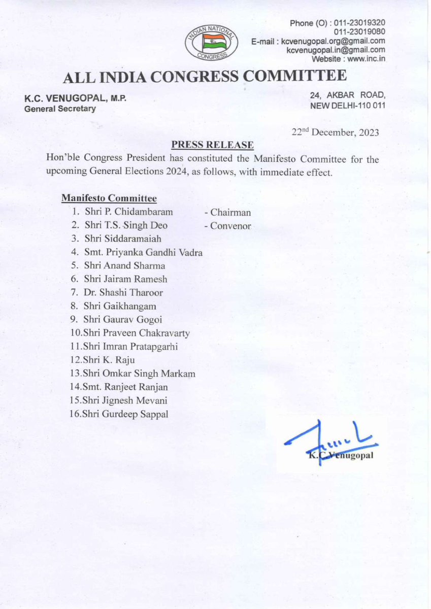 Congress President Shri @kharge has constituted the Manifesto Committee for the upcoming General Elections 2024 with immediate effect.