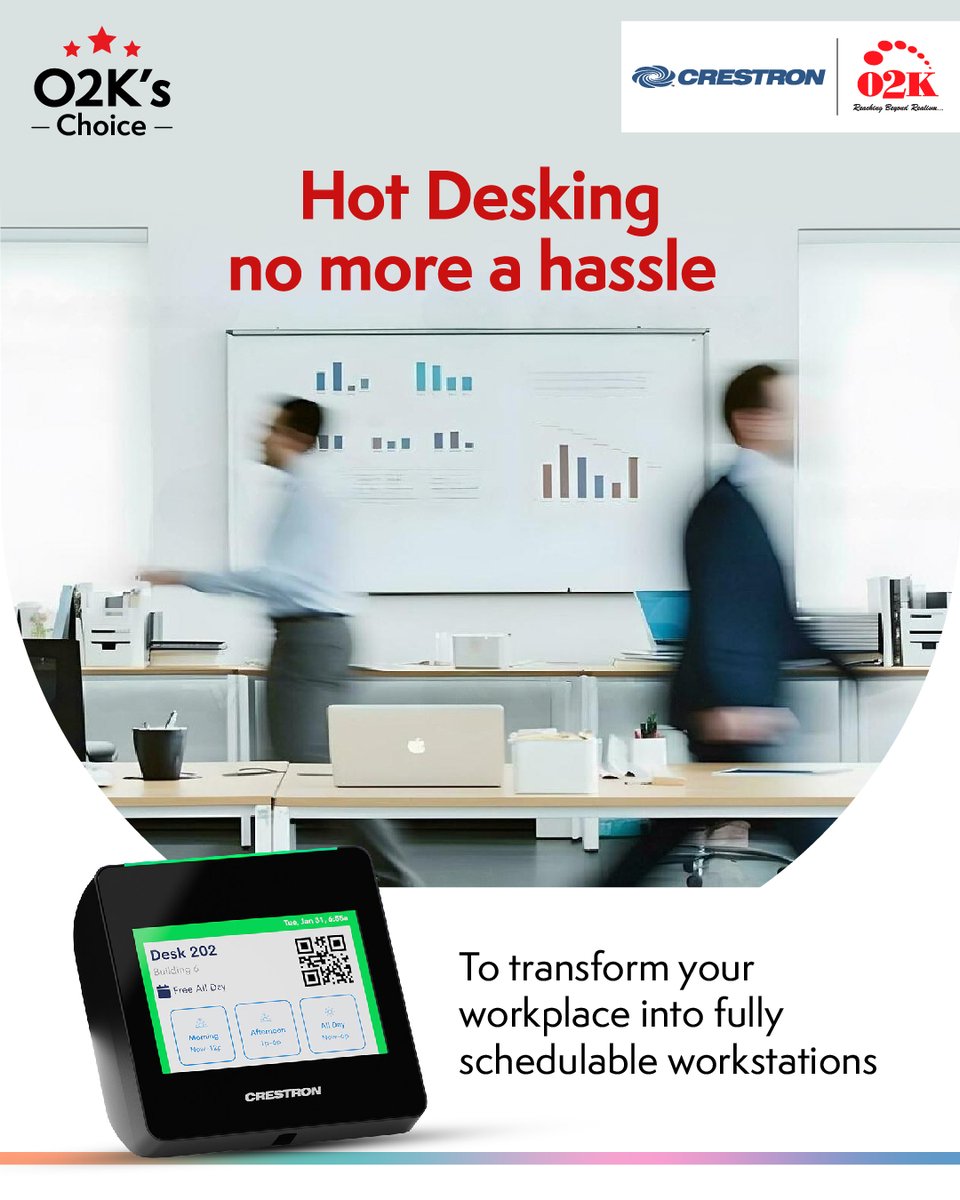 O2Kofficial2000's tweet image. In today&apos;s hybrid work landscape, coworking spaces have replaced conventional offices. Enter Crestron Desk Q, @Crestron&apos;s desk scheduling system.

Contact our experts at 9444410058 to simplify desk scheduling today!

#O2K #Office2000 #DeskScheduling #HybridWorkspaces