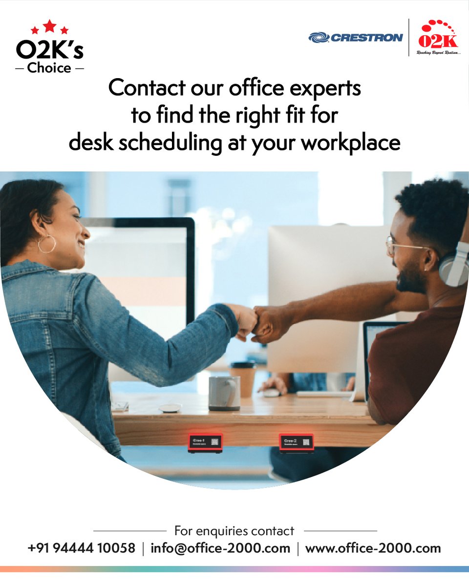O2Kofficial2000's tweet image. In today&apos;s hybrid work landscape, coworking spaces have replaced conventional offices. Enter Crestron Desk Q, @Crestron&apos;s desk scheduling system.

Contact our experts at 9444410058 to simplify desk scheduling today!

#O2K #Office2000 #DeskScheduling #HybridWorkspaces