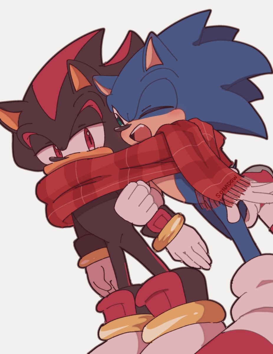 shadow the hedgehog ,sonic the hedgehog multiple boys 2boys scarf male focus furry male shared scarf gloves  illustration images
