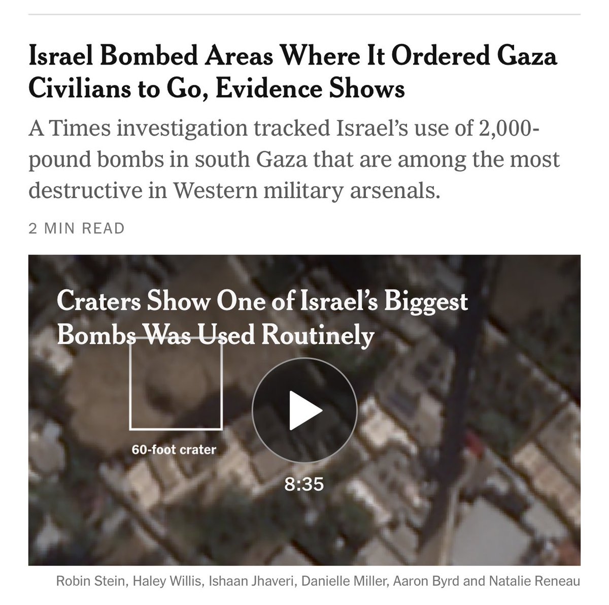 New York Times acaba de revelar que Israel pediu para os civis de Gaza irem para uma determinada área SEGURA…

Em seguida bombardeou o lugar pra onde eles foram.

Não é opinião, é fato.

Fonte: nytimes.com/2023/12/21/wor…