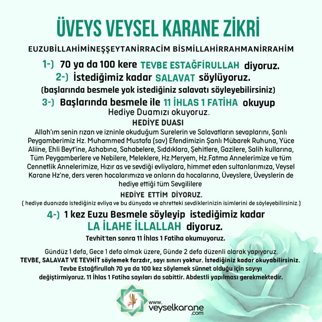 @kalbiyorgunnn Üveys Veyselkarane zikriyle huzuru bulduk hastalıklarımız korkularımız sıkıntılarımız alınıyor deneyin kardeşlerim çok güzel Rabbimiz çok yardım ediyor