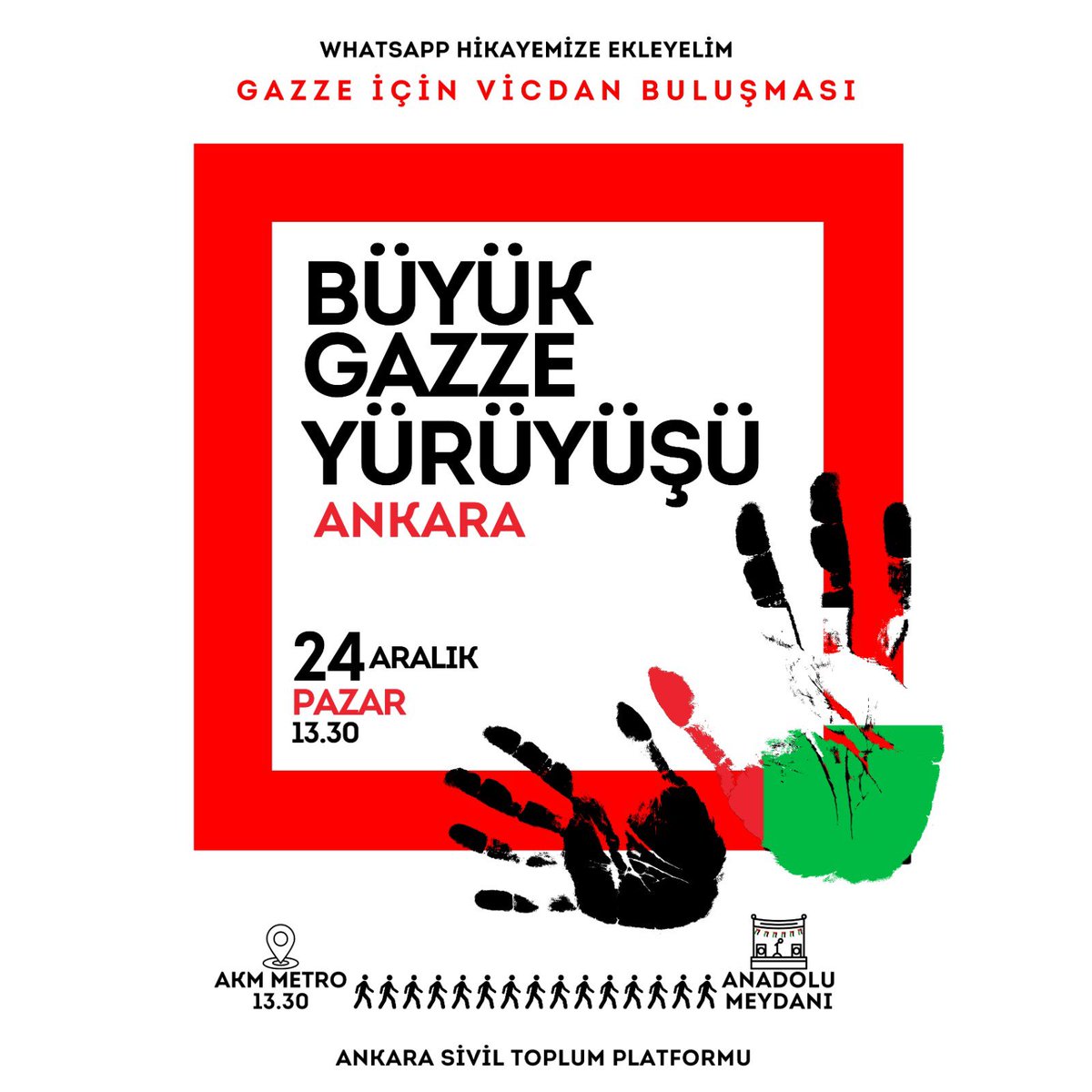 #KatliamVar

Vicdan sahibi herkesi Gazze için yürümeye davet ediyoruz!

🗓️ 24 Aralık Pazar • 13.30 
📍Başlangıç: AKM Metro - Bitiş: Anadolu Meydanı
