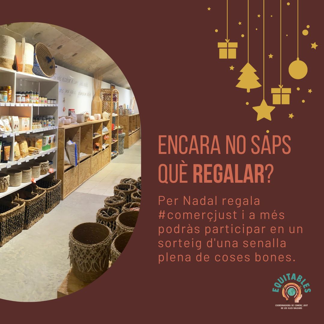 Equitables Coordinadora CJ (@equitablescj) on Twitter photo Encara no saps què regalar?
És que tenim de tot!
M'ha tocat a l'amic invisible i no sé realment que li agrada.
Sempre regalo el mateix...
No et busquis excuses, a les botigues de #comerçjust pots trobar tota mena de productes de qualitat que segur que et faran quedar beníssim. Encara no saps què regalar?
És que tenim de tot!
M'ha tocat a l'amic invisible i no sé realment que li agrada.
Sempre regalo el mateix...
No et busquis excuses, a les botigues de #comerçjust pots trobar tota mena de productes de qualitat que segur que et faran quedar beníssim.