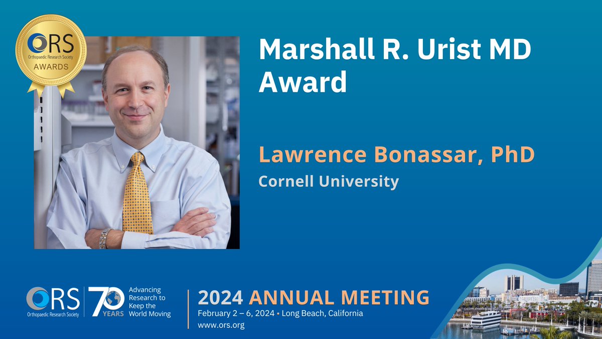 Congratulations to Lawrence Bonassar, PhD from Cornell University, on being awarded the Marshall R. Urist MD Award. Join us in celebrating Dr. Bonassar's achievements at the 2024 ORS Annual Meeting on February 4 from 11:30 AM - 12:30 PM in the Grand Ballroom.