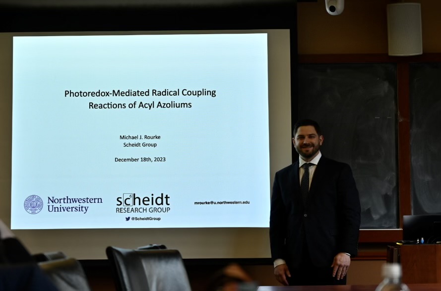 Congratulations to Dr. Michael J. Rourke on his successful defense this week titled "Photoredox-Mediated Radical Coupling of Acyl Azoliums"! Dr. Rourke will continue his research as a Post-Doctoral Researcher at <a href="/UWMadisonChem/">UW-Madison Chemistry</a> with the @BullerLab.