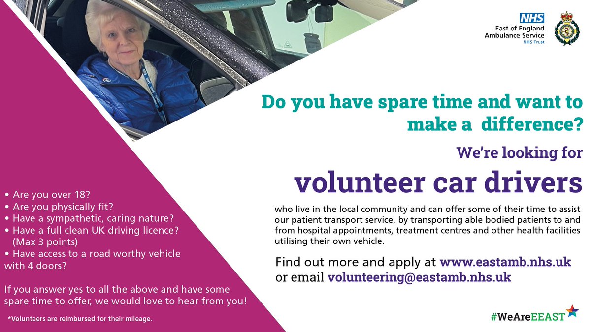 Do you have:

✔️ Spare time
✔️ A full UK driving licence (max of three penalty points)
✔️ Knowledge of geographical areas
✔️ Excellent communication skills

If the answer is yes… you could be a volunteer car driver! 🚘

Apply at: Find out more and apply: eastamb.nhs.uk/vacancies?fbcl…