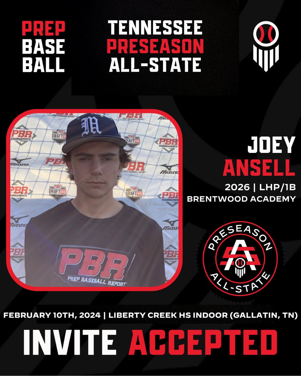 #TNPAS24: 𝐈𝐧𝐯𝐢𝐭𝐞 𝐀𝐜𝐜𝐞𝐩𝐭𝐞𝐝 ✅ '26 LHP/1B Joey Ansell (@JoeyAnsell05; @BAEagleBaseball) has punched his 🎟️ to the TN Preseason All-State that will be held on February 10th at Liberty Creek HS. 𝐑𝐞𝐪𝐮𝐞𝐬𝐭 𝐈𝐧𝐯𝐢𝐭𝐞 ➡️ loom.ly/iIEGBSc