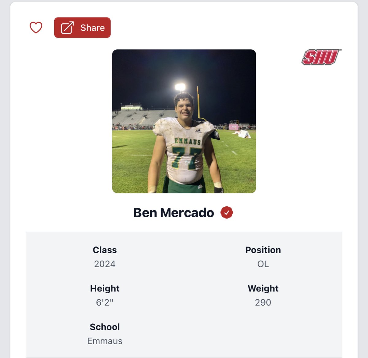 Excited to see Ben Mercado, a grown man out of Emmaus @BenMercado77, make things official recently, signing his papers to join the Sacred Heart family. Best of luck from us at PRZ @PrepRedzone | OL | 6'2, 290