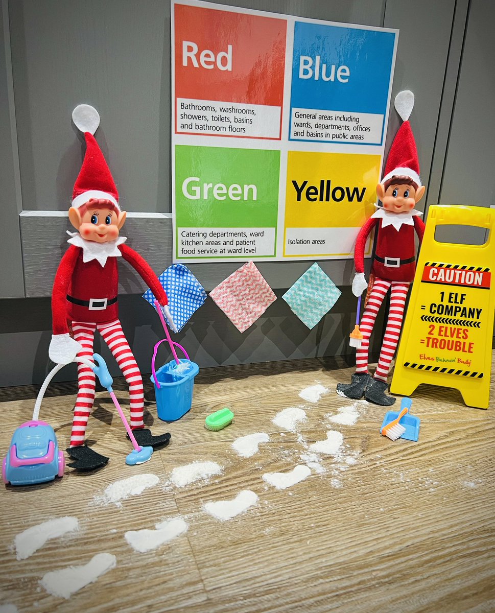 Day 22! Edwin is back from measles isolation and someone has left floury footprints all across the floor! Maintaining a clean environment can help reduce the burden of organisms helping to prevent infection. Remember to use the national colour coding chart for mops and cloths!