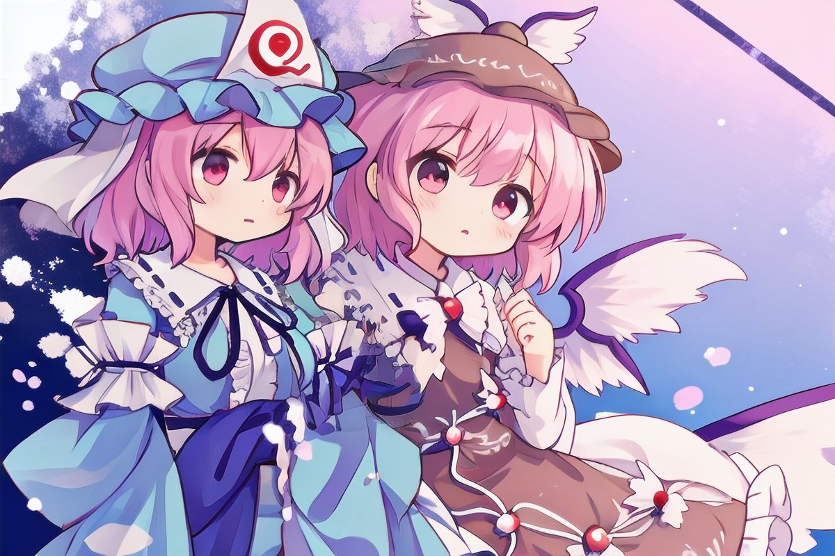 mystia lorelei ,saigyouji yuyuko multiple girls pink hair hat 2girls mob cap wings pink eyes  illustration images