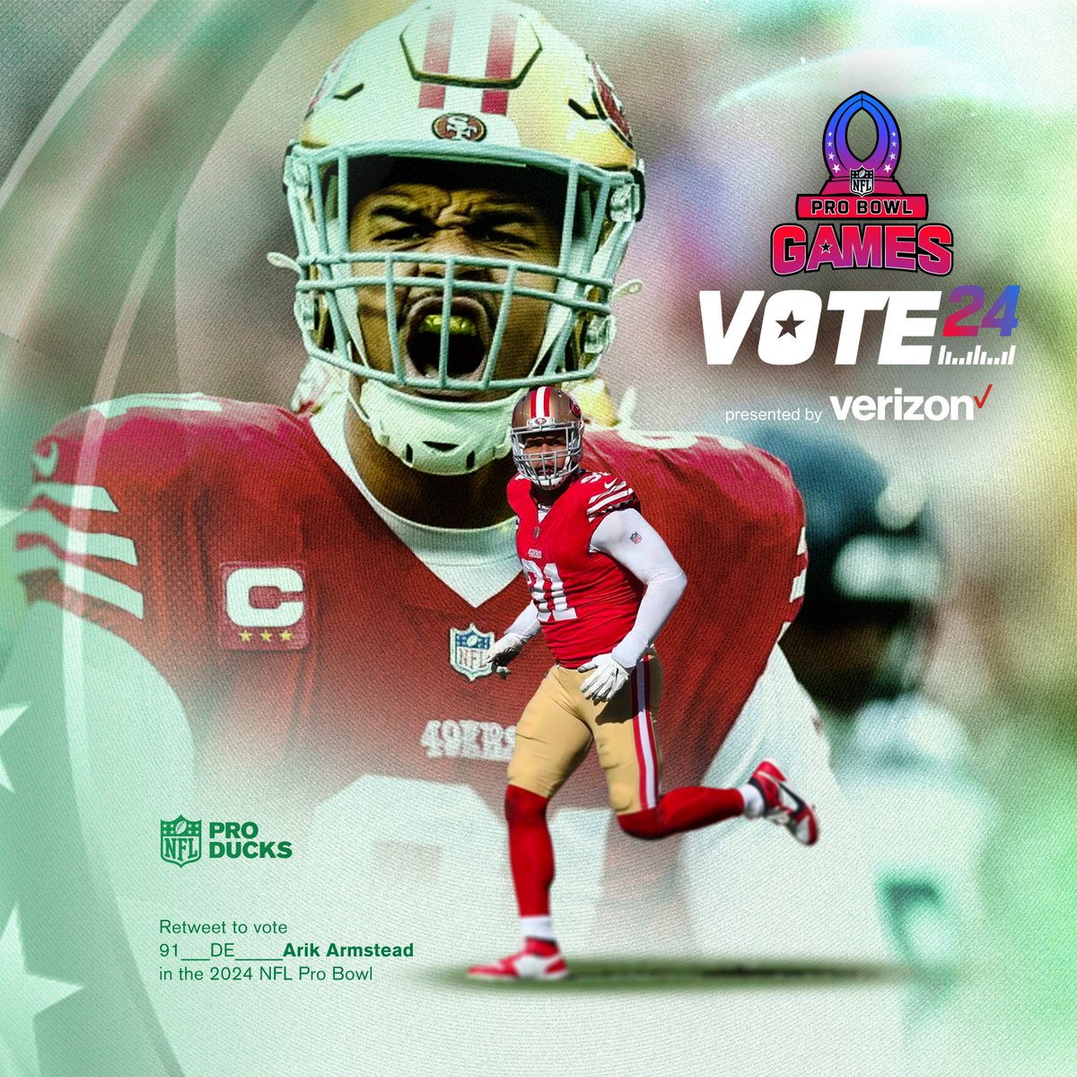 Wreaking havoc. Retweet to send #ProDuck Arik Armstead to the Pro Bowl! #ProBowlVote @arikarmstead