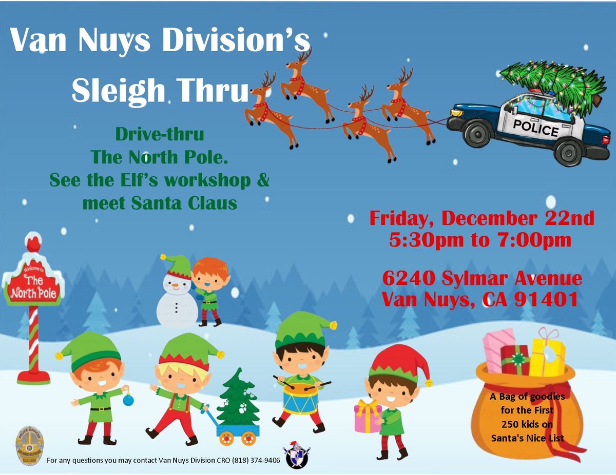 Sleigh down to Van Nuys Division’s Christmas lights drive-thru. See the Elves working in Santa’s Workshop! The first 100 kids (ages 10 &amp; under) will get a toy from Santa.  #drivethru #lights #santaclaus #mrsclaus #elfs
@lapdhq <a href="/lapdcadets/">Alejandro Acosta</a> @lapd_vargas