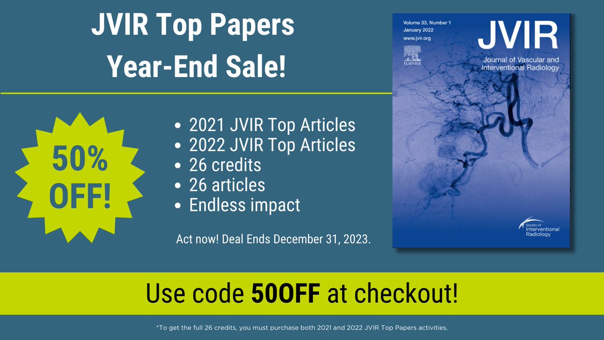 26 credits. 26 articles. SIR and @JVIRmedia are thrilled to announce an exclusive year-end sale! For a limited time only, access credits based on the best JVIR papers of 2021 and 2022 for 50% off! @DanSzeMDPhD sirweb.link/JVIR50off