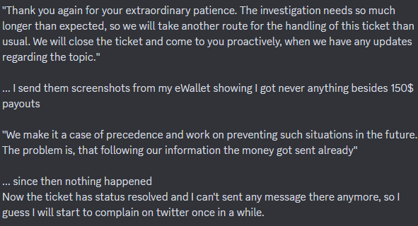 Hey everyone - Christmas is getting closer and I wish you all the best! I just want to rant about the fact, that I'm still waiting for my Top 4 Prizemoney (800$) from last year. Because of character limit the content of the last two responses translated to english as picture.