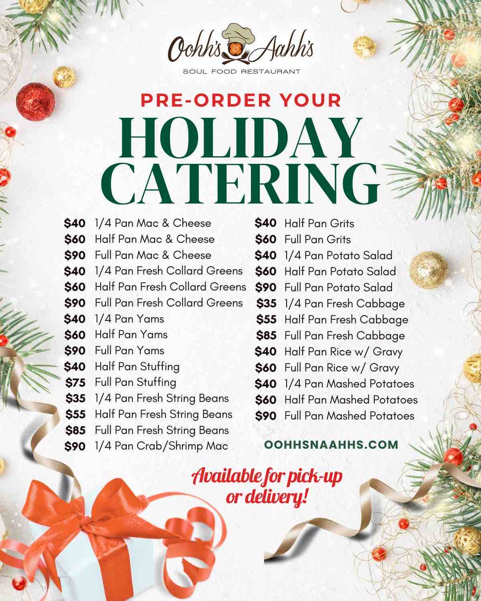 Make holiday prep a breeze!  🎄🍽️  Pre-order your holiday catering, available for pick-up or delivery. Enjoy the season with ease! 🤩Oohhsnaahhs.com! 🔥

#holidaycatering #merrychristmas #christmascheer #christmasmagic