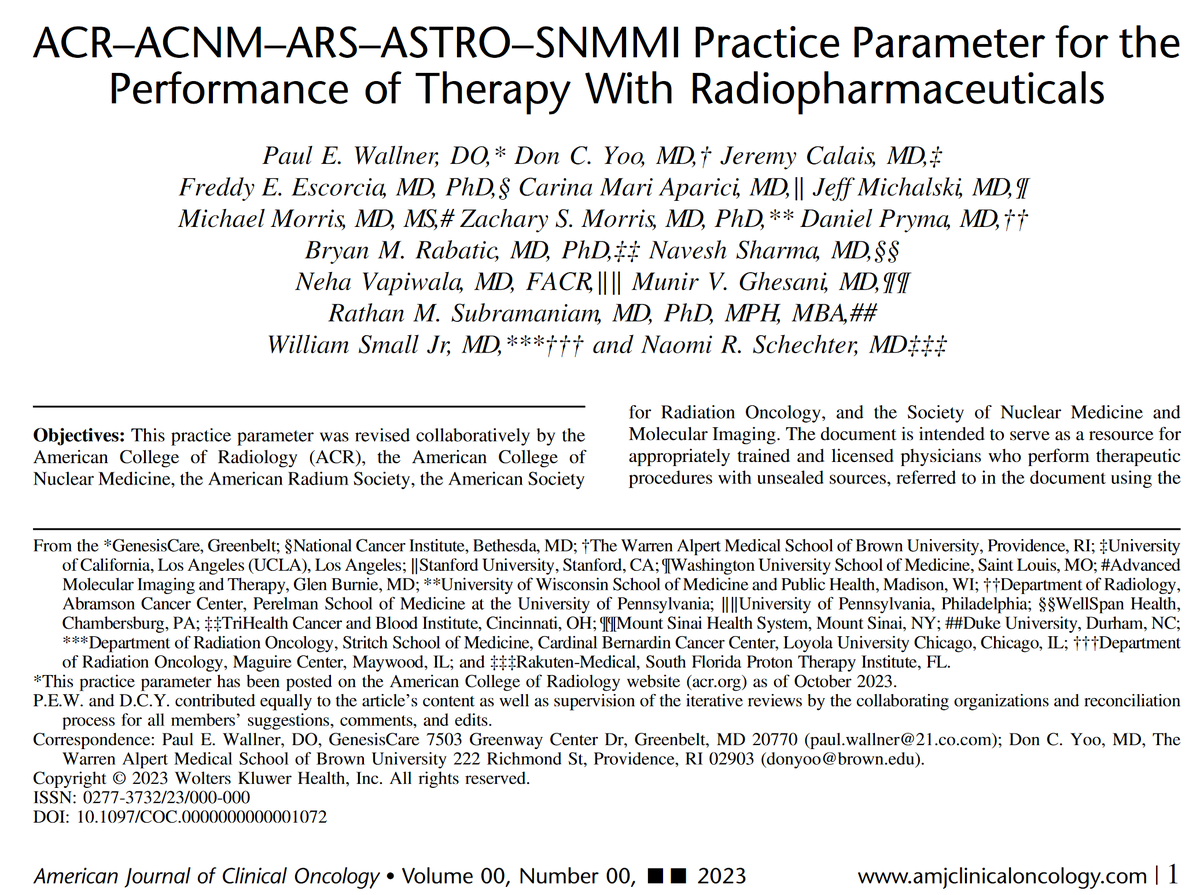 In this era of divisiveness, it is refreshing to have societies with interests and expertise in #radiopharmaceuticals therapy come together.

#nucmed #radonc

journals.lww.com/amjclinicalonc…
