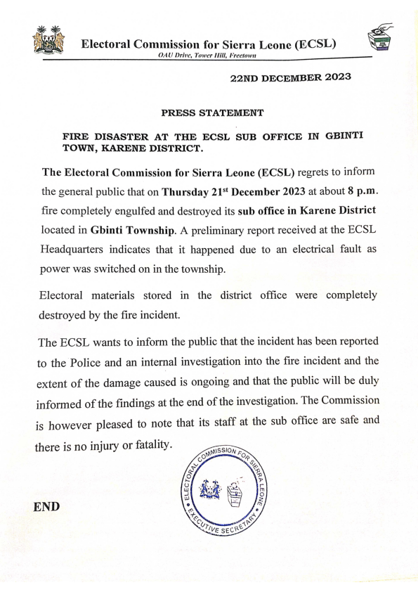 Press Statement on the Fire Disaster at
<a href="/ECsalone/">The Electoral Commission for Sierra Leone</a>'s Gbinti Sub-office in Karene District.