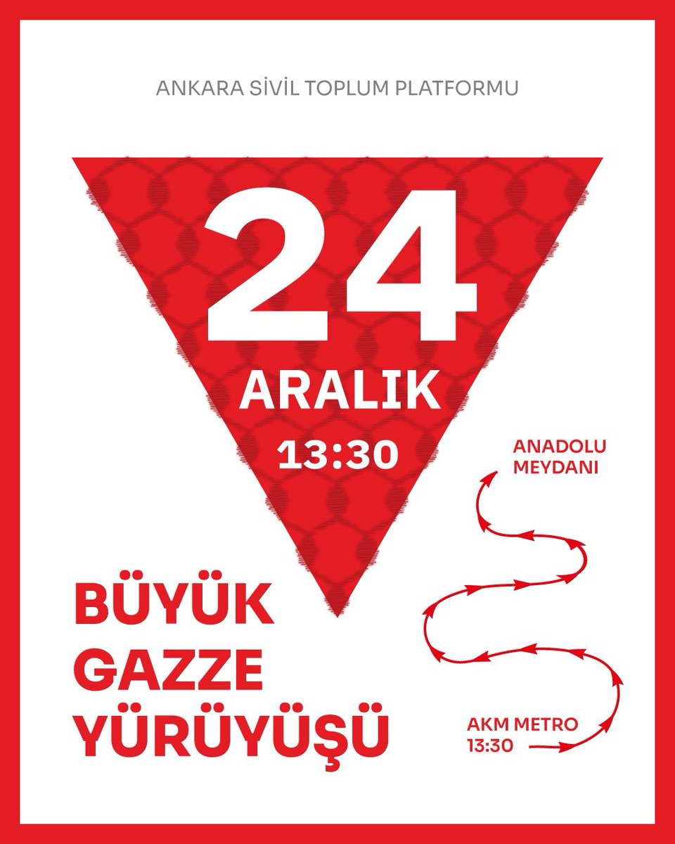 #KatliamVar

Hep beraber YÜRÜYÜŞ’e!
Gelin Gazze için Yürüyelim!

🔴 Büyük Gazze Yürüyüşü
🗓️ 24 Aralık Pazar • 13.30 
📍AKM Metro - Anadolu Meydanı